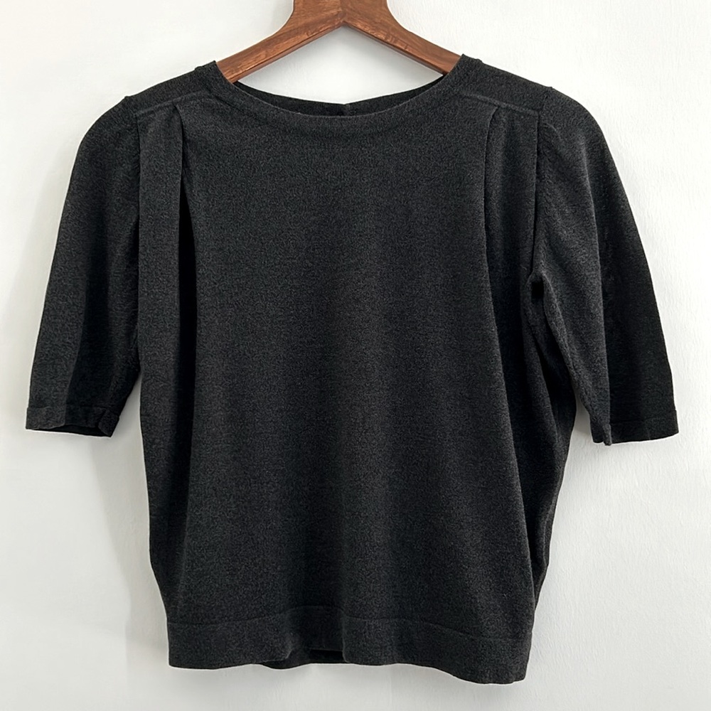 COS Dark Gray Button Back Short Puff Sleeve Cotton Shirt